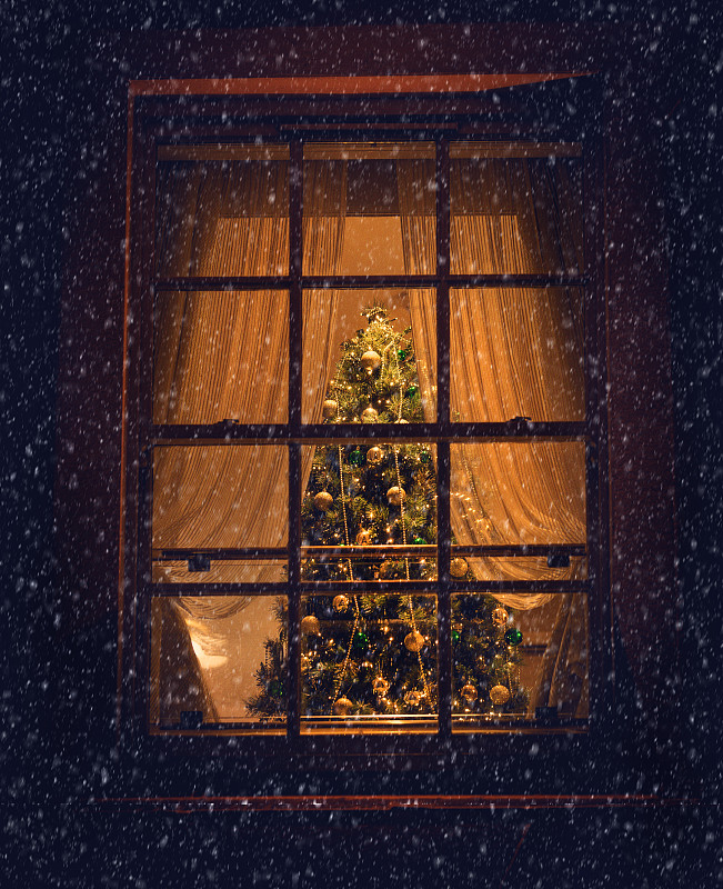 透过起居室的窗户看到一棵圣诞树图片下载