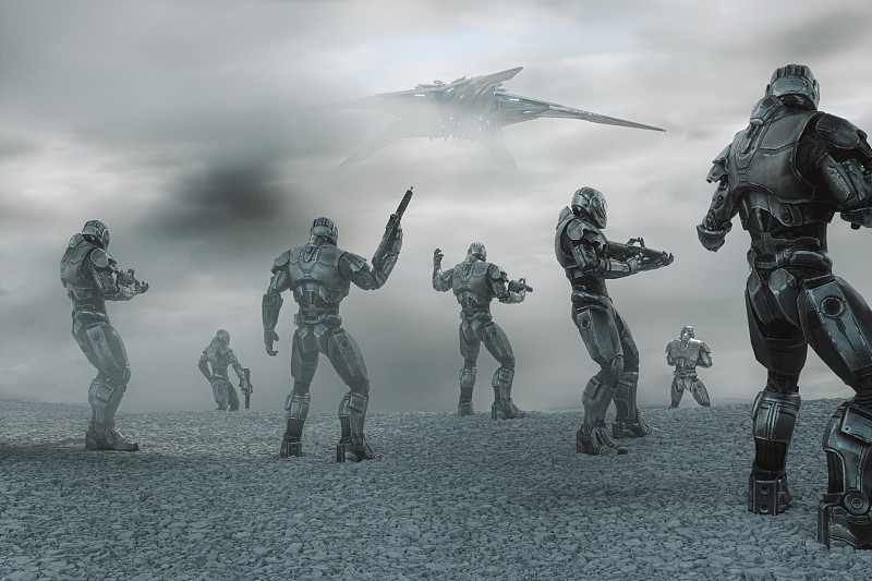 未来的半机械人军队小队正在接近宇宙飞船图片素材