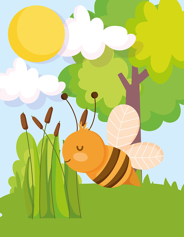 可爱的飞行蜜蜂，树木，植物，农场动物卡通图片素材
