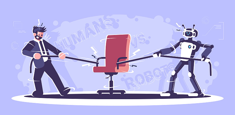 人类vs机器人工人平面矢量插图。人形和经理拉绳办公椅。机器人和人类在争夺空缺，空缺职位。机器人革命图片下载