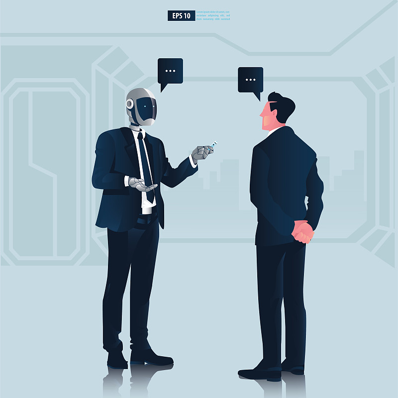具有人工智能技术概念的未来类人商务人士。商人与机器人交谈或聊天机器人矢量插图图片下载
