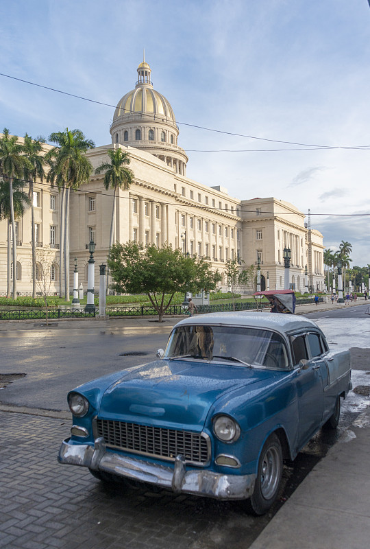 哈瓦那卡皮托里奥大厦前的一辆老爷车。古巴图片下载