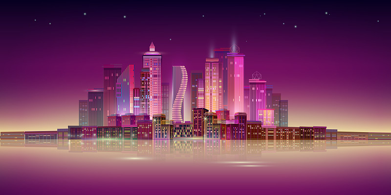 夜晚的城市全景与霓虹灯在紫色的背景。向量。图片下载