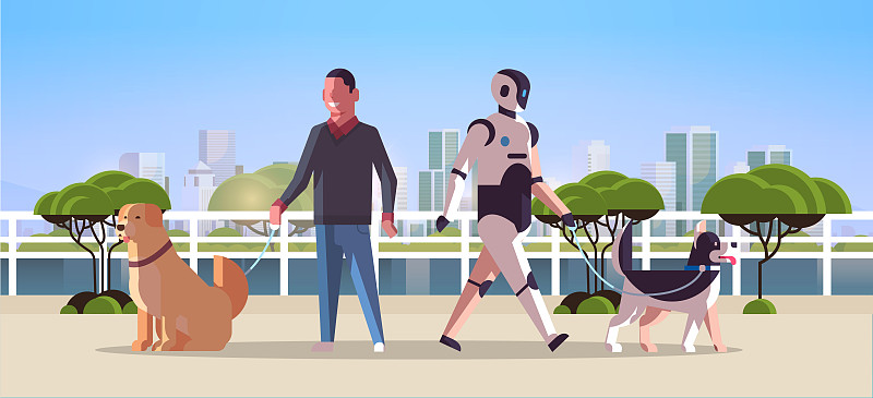 机器人人物和人与狗散步机器人vs人与宠物站在一起公园人工智能技术概念城市景观背景全长水平图片下载