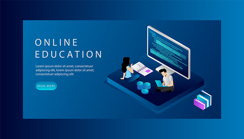 等距在线教育网站登陆页面概念。卡通小人在网上学习，在电脑上做任务。男人和女人在教育上投入时间。网页矢量图素材