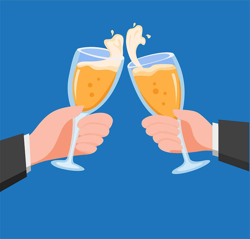 手与香槟在葡萄酒杯在扁平风格的商人手腕拿着金色的气泡酒精饮料和叮当作响的矢量插图孤立在白色的背景图片下载