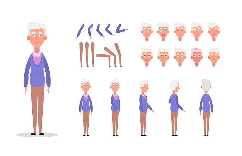老人性格构造动画与各种观点姿态、发型和情绪。卡通图片素材