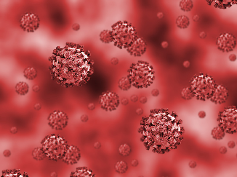 红色背景中的冠状病毒-微生物学和病毒学概念图片下载