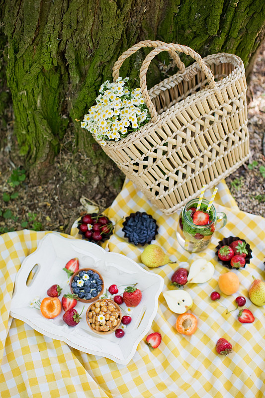在公园野餐。白色木托盘上放着新鲜水果和果馅饼，草袋里放着白色甘菊图片素材