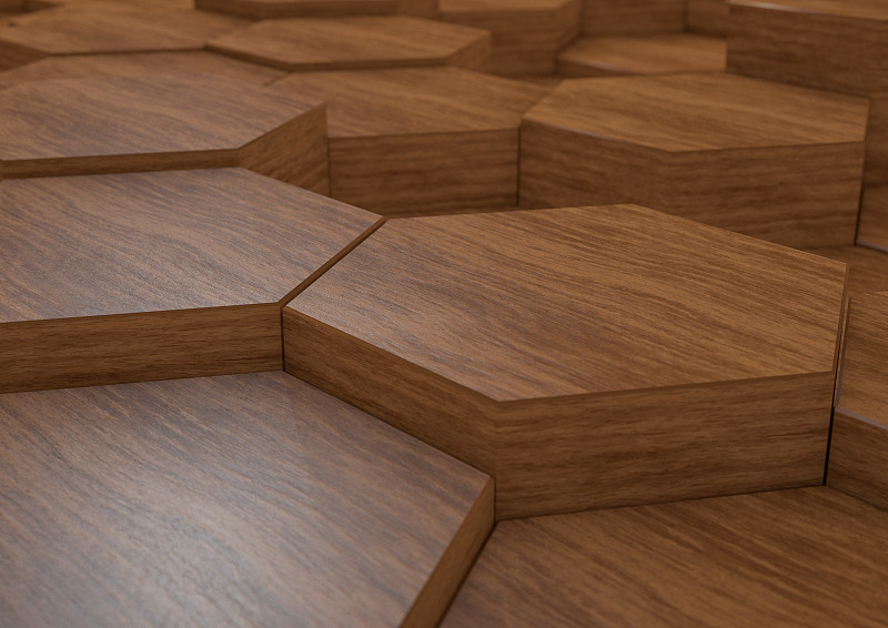 木制六边形立方体的透视与复制空间，作为演示模板的理想背景图片下载