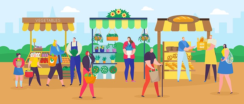 街头商铺市场矢量插画，卡通平人购物用购物袋，购买食品或鲜花，公平的背景图片