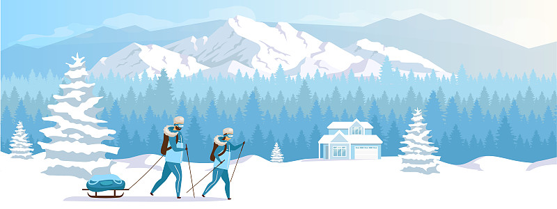滑雪度假胜地平面彩色矢量插图图片下载