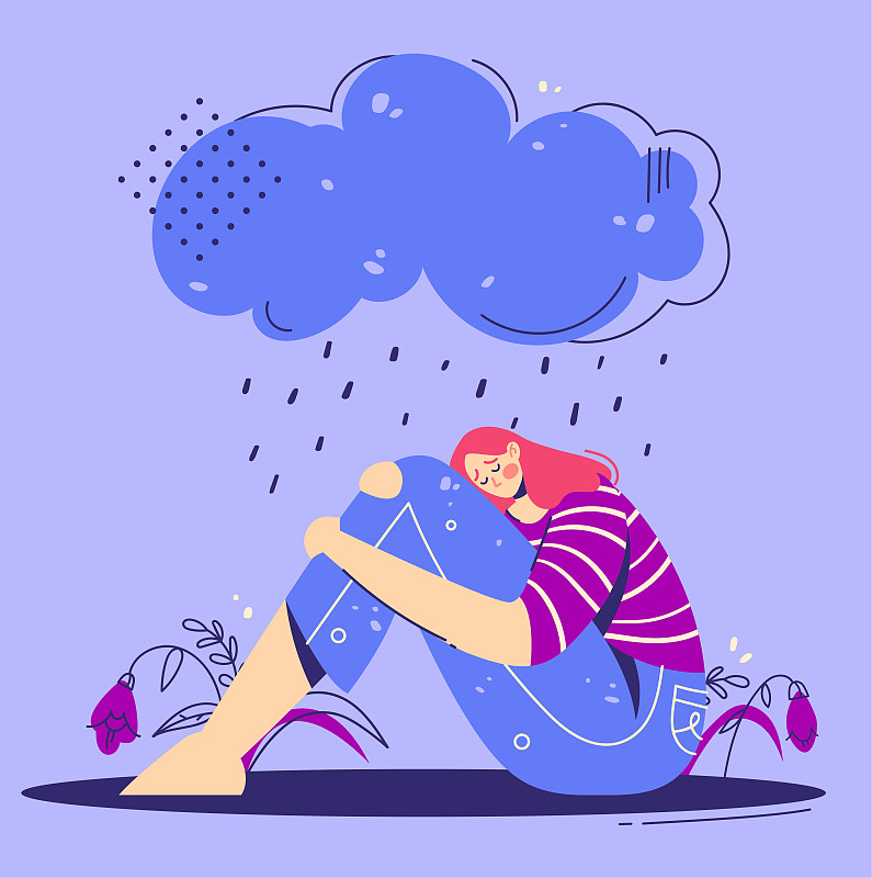 不快乐、伤心、沮丧的年轻女子在阴雨中拥抱双腿。一个十几岁的女孩正坐在雨中。抑郁症的概念。图片素材
