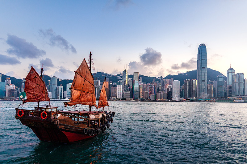 日落时分，香港维多利亚港的船图片下载