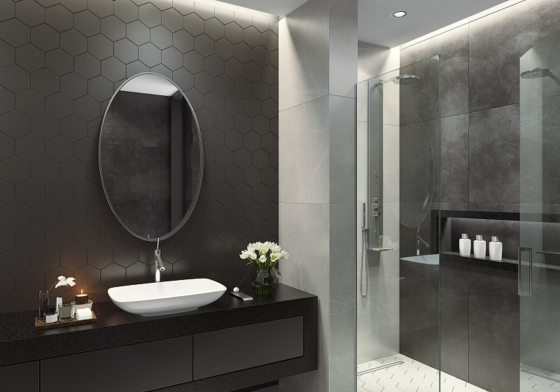 现代黑白浴室与六角形瓷砖图片素材