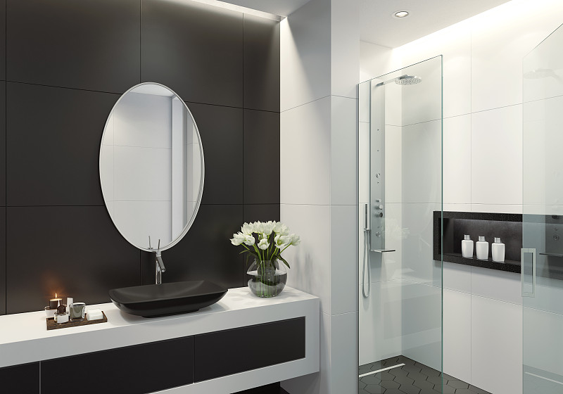 现代黑白浴室与椭圆形镜子图片素材