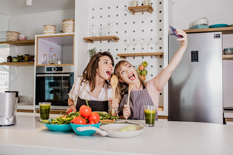 两个年轻的女性朋友在厨房里自拍图片下载