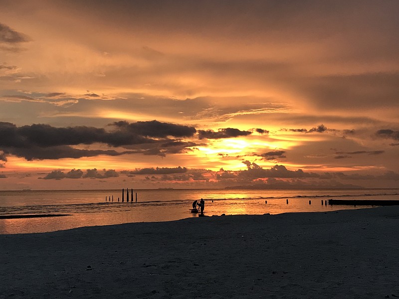 日落时，海滩上的人们的剪影图片素材
