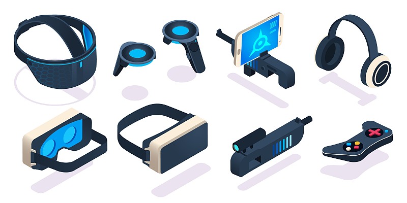 虚拟现实游戏设备。数码设备或便携式游戏设备，如3d眼镜，耳机，操纵杆图片下载