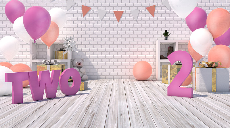 3D render of a beautiful birthday party for a girl turning two图片素材