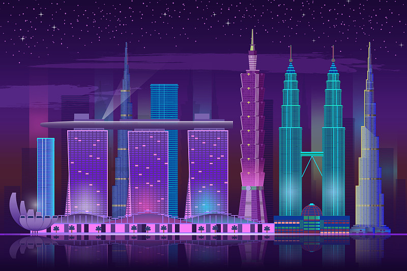 霓虹灯的摩天大楼。复古80年代的夜晚城市景观，灯光建筑未来的背景，水的反射和星空，海报在蓝色和紫色的颜色，照明城市矢量横幅图片素材