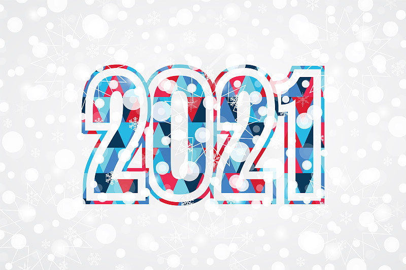2021新年快乐三角标志。圣诞雪花背景。雪的插画装饰，庆祝，设计，贺卡，寒假图片