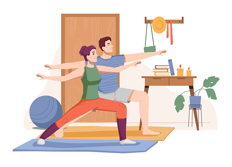 积极的生活方式，男人和女人在家里锻炼和工作。男性和女性，夫妻一起在家训练。健身课程和运动的腹肌。卡通人物，矢量在平坦的风格图片下载