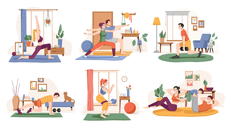 人们在家工作，孤立的一群人过着积极的生活。训练男性和女性，瑜伽和普拉提，俯卧撑和举重。卡通人物，矢量在平面风格图片下载