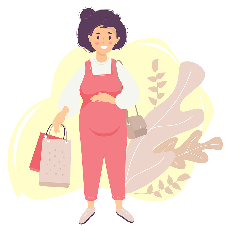 母亲。一位穿着红色工装裤的快乐孕妇一只手温柔地抱着自己的肚子，另一只手拿着从商店买的包。矢量插图。平面设计图片素材