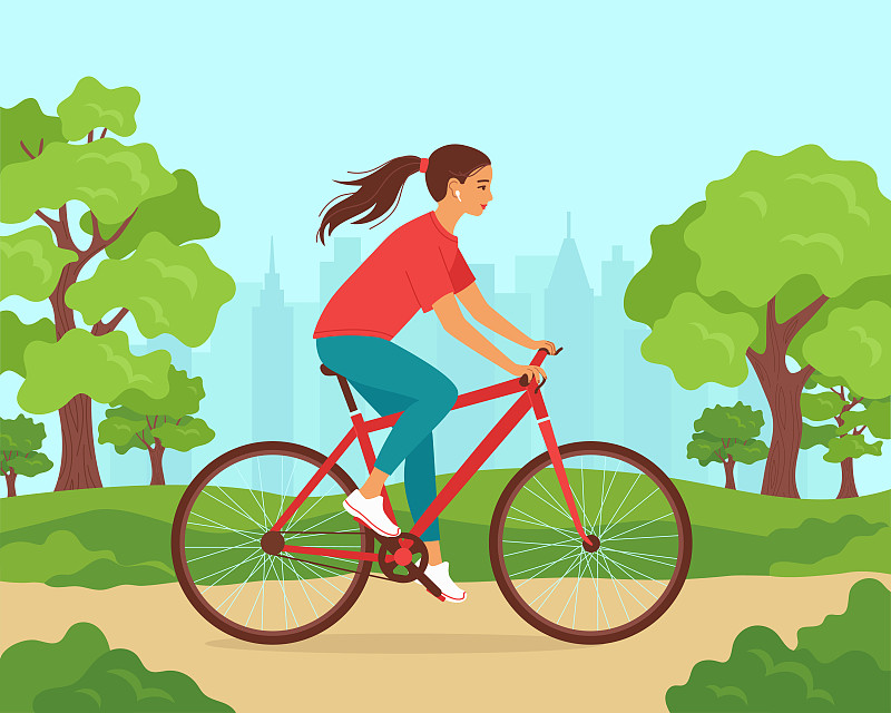 年轻女子骑着自行车在城市公园运动服装。春季、夏季户外活动理念、有氧运动、健康生活方式。环保车。卡通矢量图下载