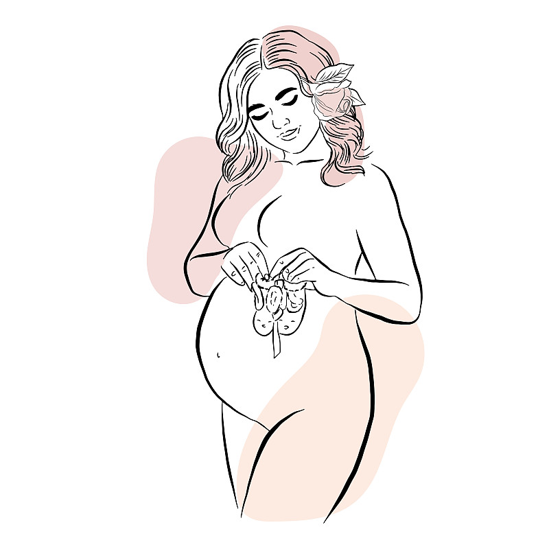 一行是一个怀孕女孩的肖像。矢量插图的现代趋势。家庭的概念,新生图片素材