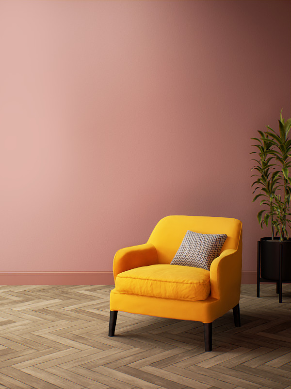 粉色房间室内设计，配有黄色沙发。房间模型时尚，复古客厅室内3d渲染插图图片下载