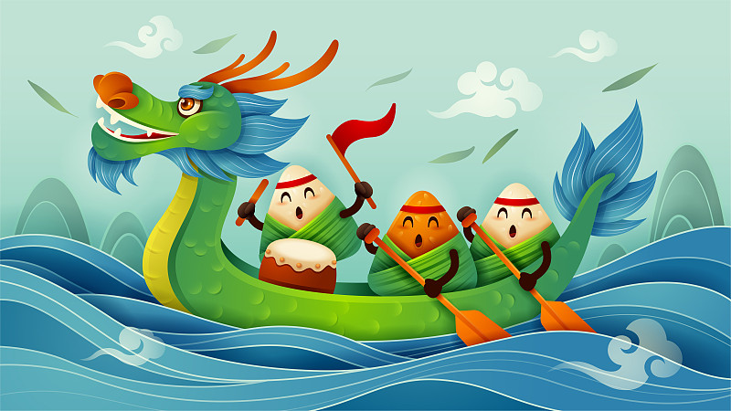 端午节有粽子卡通人物和龙舟上的水。图片下载