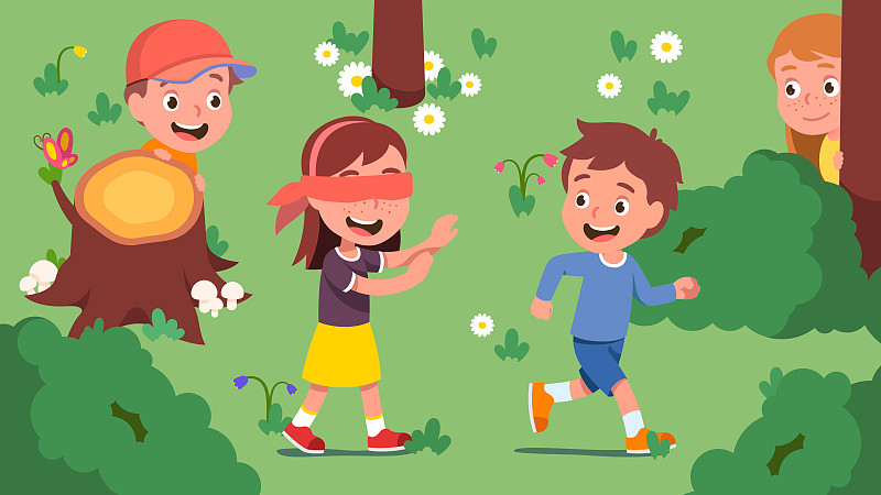 男孩，女孩，孩子们在美丽的夏日草坪上捉迷藏。被蒙住眼睛的女孩寻找躲在灌木丛，树林后面的朋友。快乐的孩子们享受户外游戏活动。平面向量插图图片素材