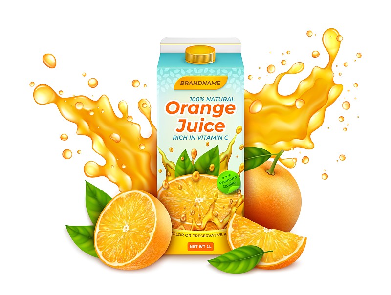 逼真详细的3d橙汁包与柑橘水果和飞溅。向量图片下载
