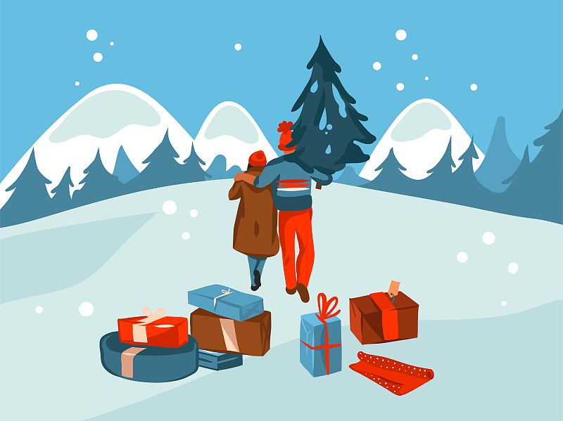 手绘矢量抽象股票图形圣诞快乐和新年快乐卡通，插画场景与快乐的人和圣诞树孤立在室外的彩色背景。下载