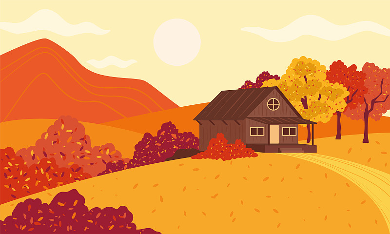 色彩斑斓的秋景木屋在山上与树木矢量插画下载