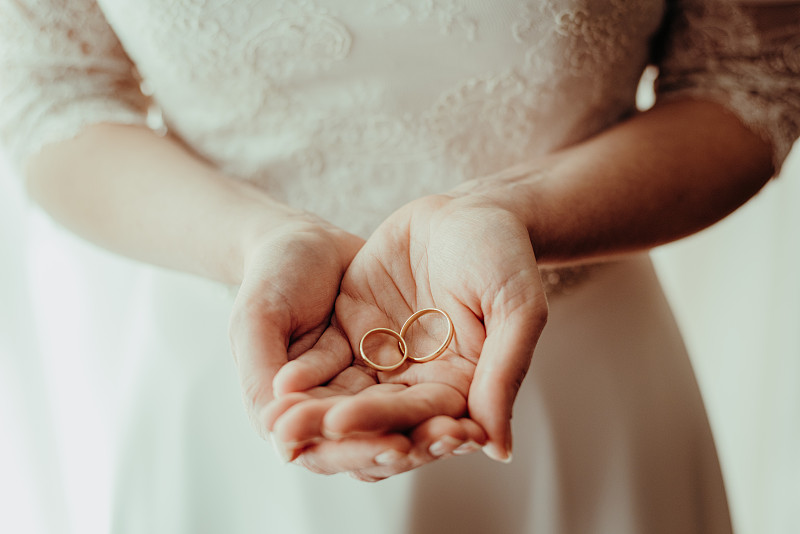 一个女人的手拿着两个结婚戒指的细节，复古风格。图片素材
