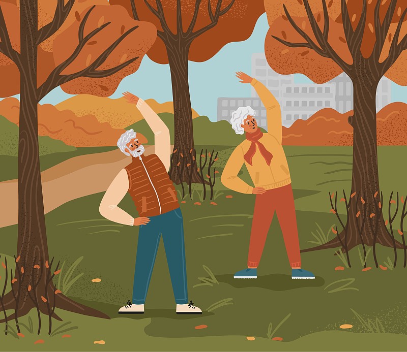 老年夫妇在公园里锻炼身体。健康退休生活概念矢量插图。老年人秋季户外活动图片下载