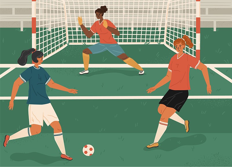 女孩踢足球概念矢量插图。女子足球队。女足球运动员踢球图片下载