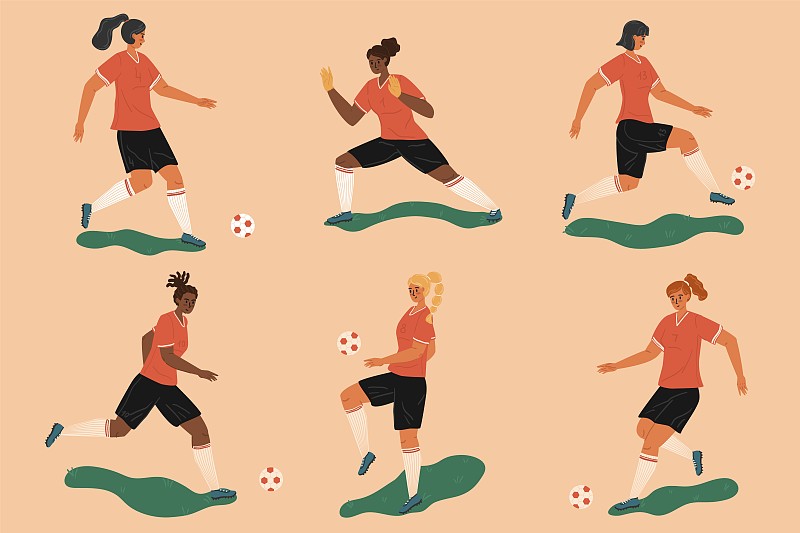 女足球员控球，人物向量集。女足球运动员用球孤立人物。女孩们踢着球，玩着花样图片下载
