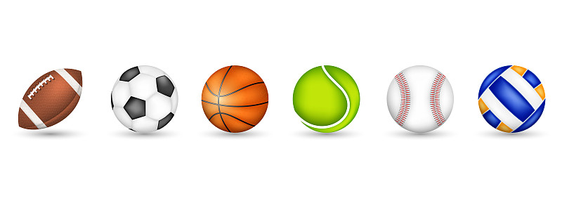一套运动球孤立在一个白色背景与阴影。美式橄榄球，足球，篮球，排球，棒球，网球。图片下载