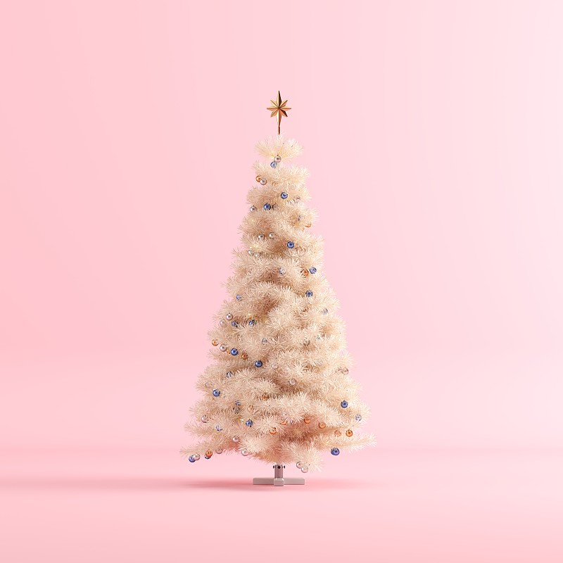米色圣诞树，粉色背景。3 d演示。图片下载