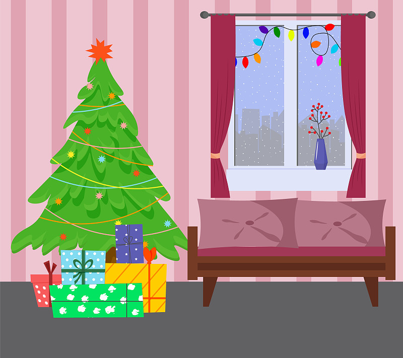 舒适的室内装饰为圣诞节和新年。圣诞树，礼物，沙发和窗户。为假期做准备的季节。图片下载