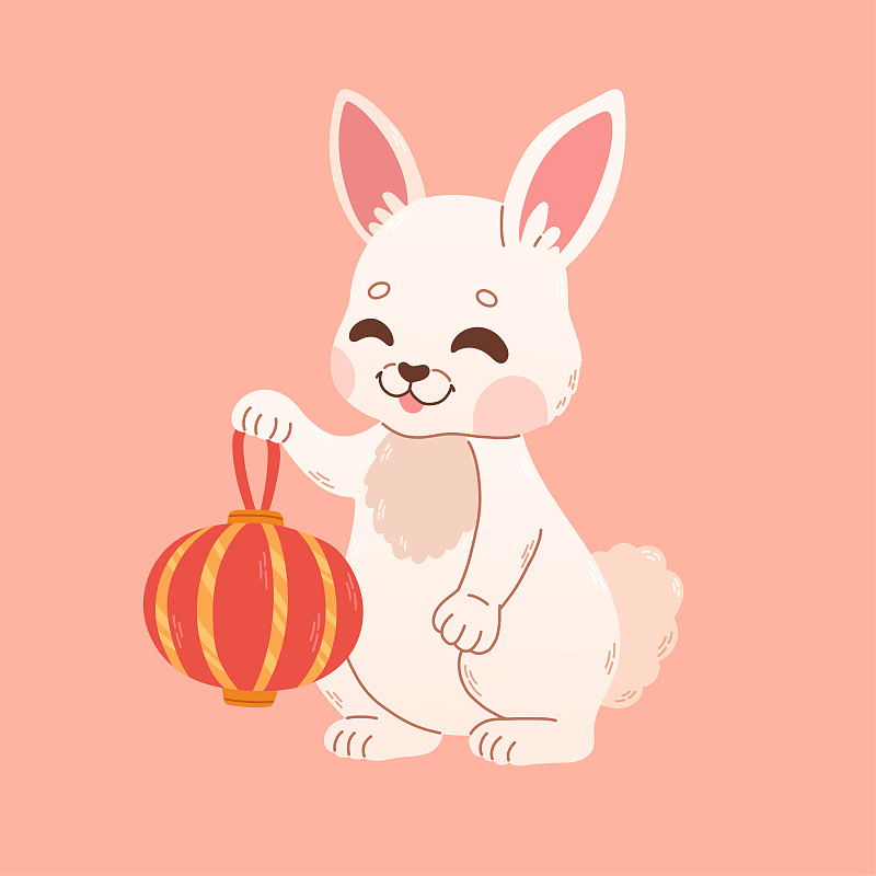 2023年春节贺卡上有可爱的兔子和红色的中国灯笼。2023 CNY卡。向量图片下载