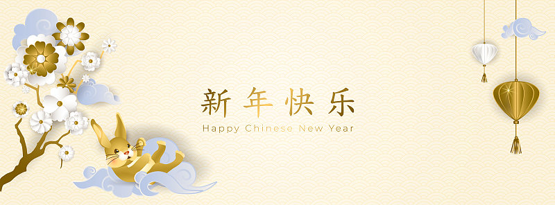 2023年中国新年。贺卡上有可爱的金兔在亚洲云，白色和金色的花朵和灯笼在灯光背景。祝你新年快乐。矢量图下载