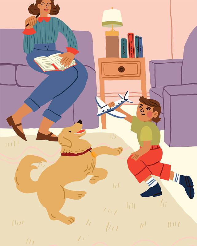 幸福的家庭在家里，妈妈、儿子和狗在客厅里。晚上在家。温馨的家庭场景插画。矢量图下载