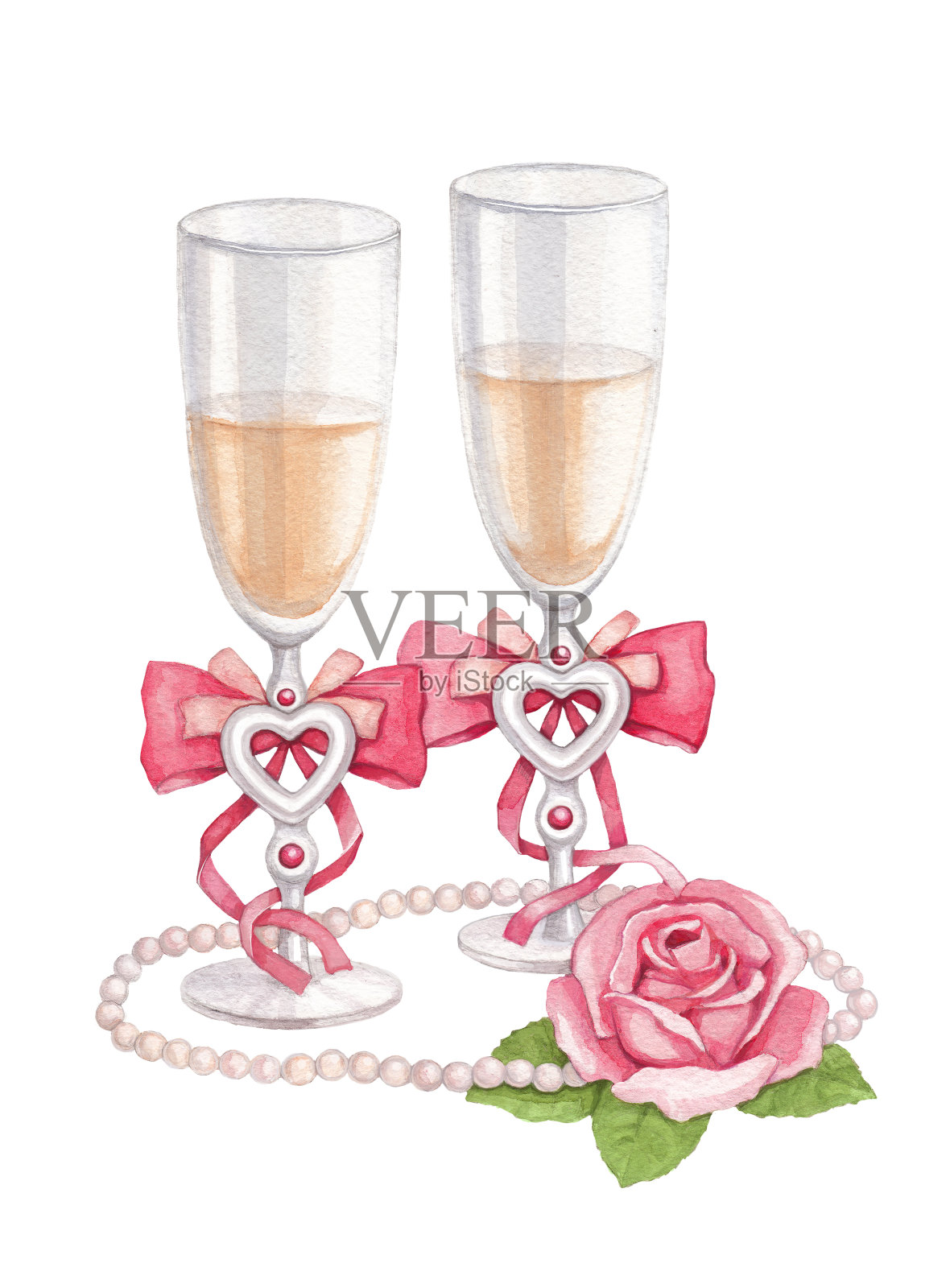 水彩画的婚礼香槟眼镜插画图片素材