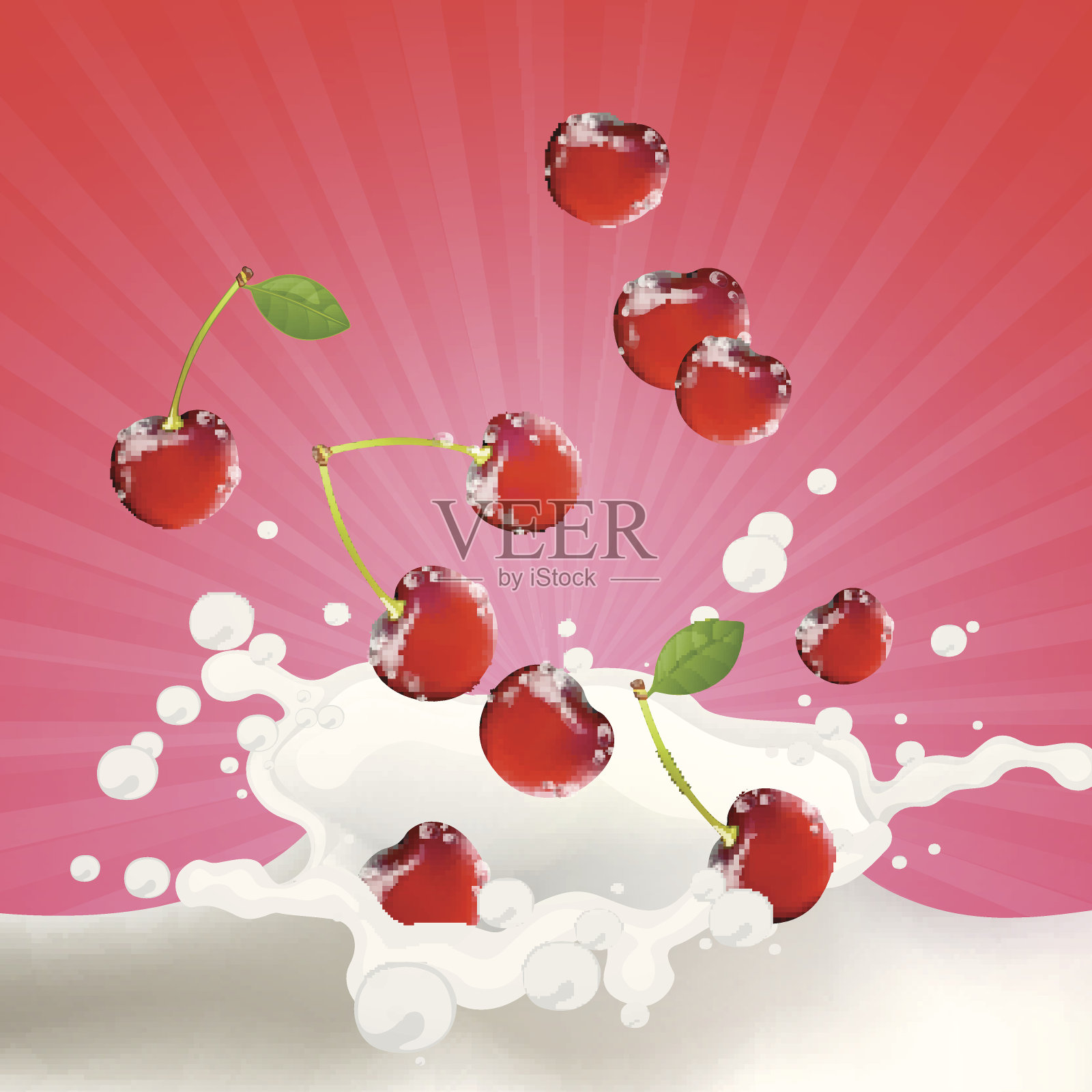 矢量樱桃落入溅起的牛奶中插画图片素材