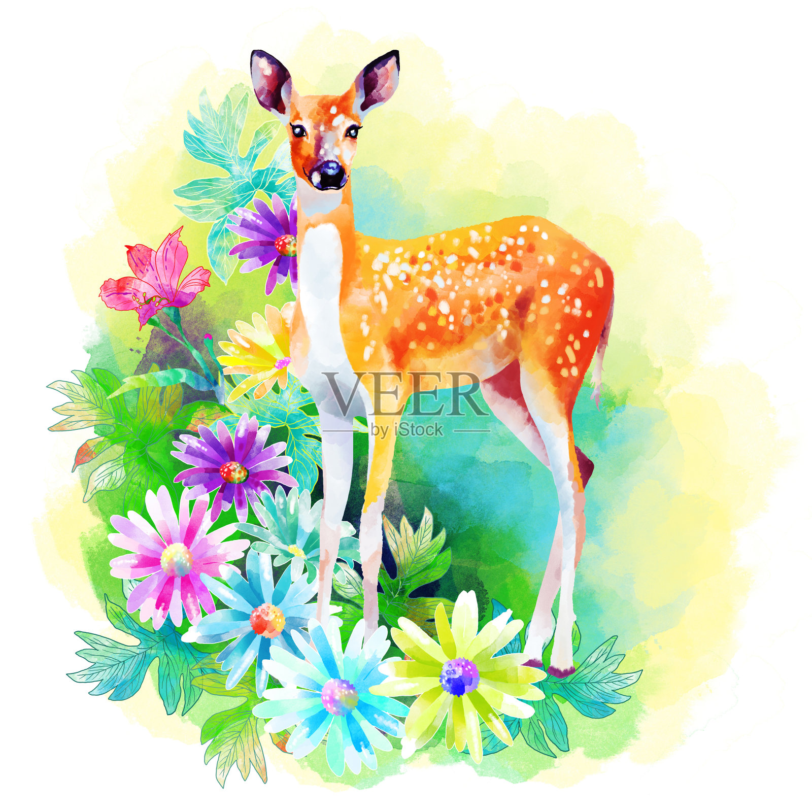 鹿和花艺术品插画图片素材